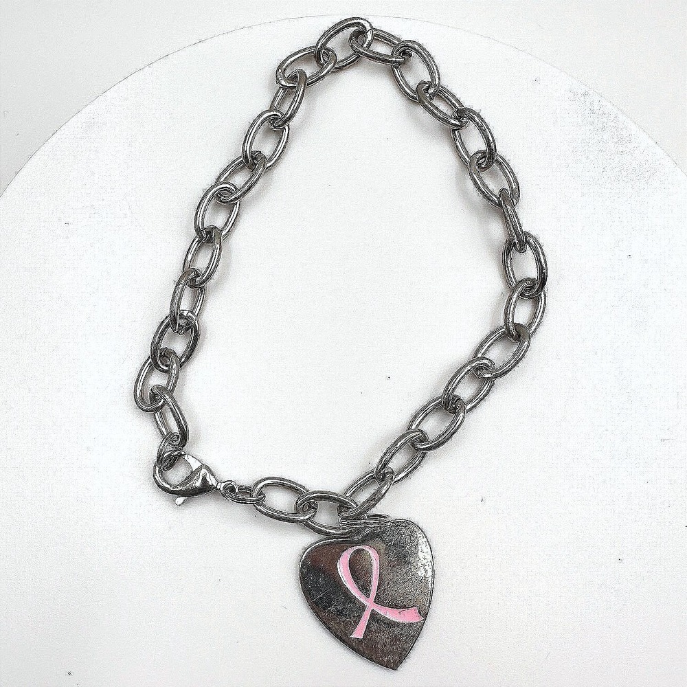 Vintage Y2K Silver Tone Bracelet Breast Cancer Awareness Pink Ribbon Heart Charm